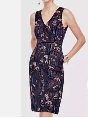 Ann Taylor Navy Blue Metallic Floral V Neck Dress Sz 2 Sleeveless Jacquard